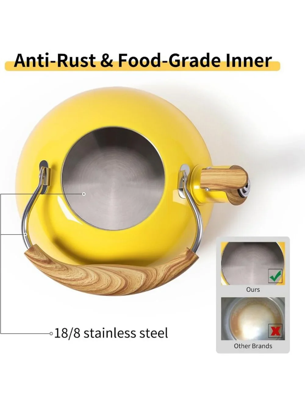 Yellow Kitchen Whistling Tea Kettle 2.5 QT Stainless Steel Wood Folding Handle